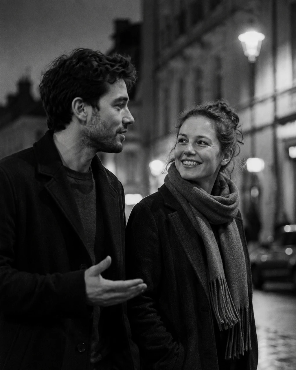 A couple walking down an evening street, he is talking, she is smiling