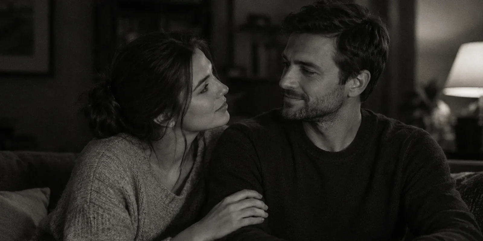 A woman leans toward a calm, smiling man on a sofa in the evening, her hand on his arm