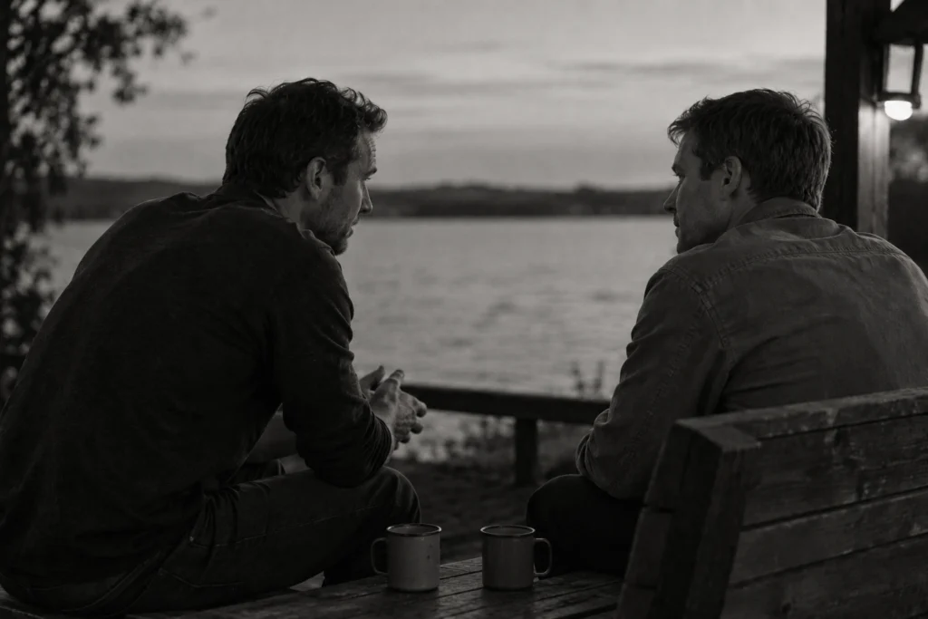 Two men talk on a wooden bench by a lake at dusk